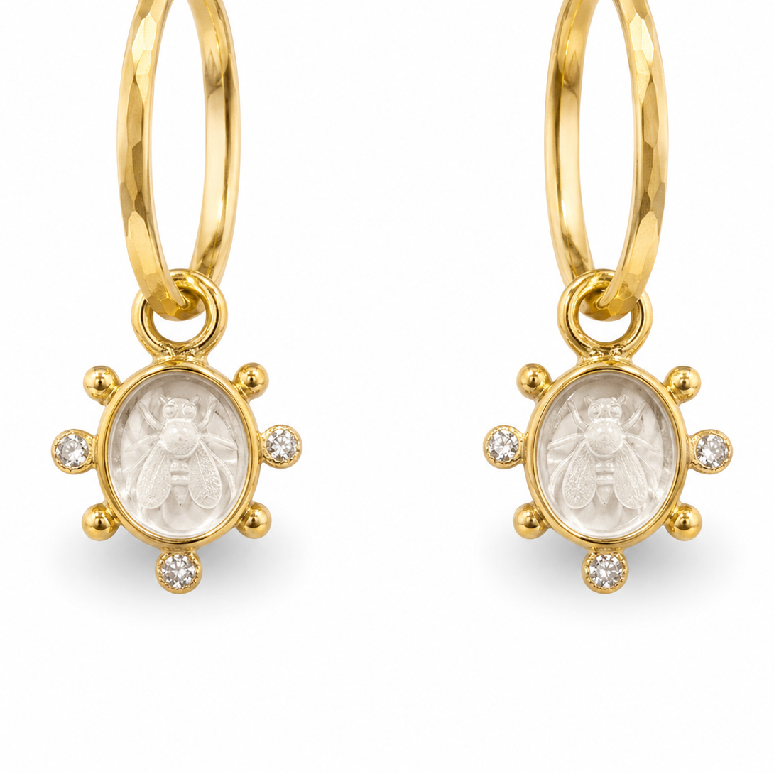 19K Estate Elizabeth Locke Rock Crystal Bee Earring Charms