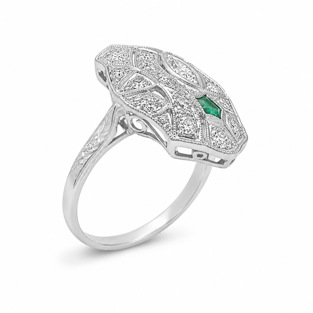 Platinum Estate Are Deco Emerald and Diamond Ring
