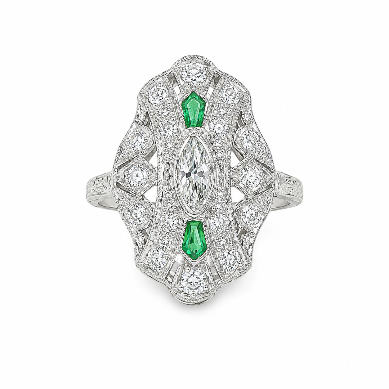 Platinum Estate Are Deco Emerald and Diamond Ring
