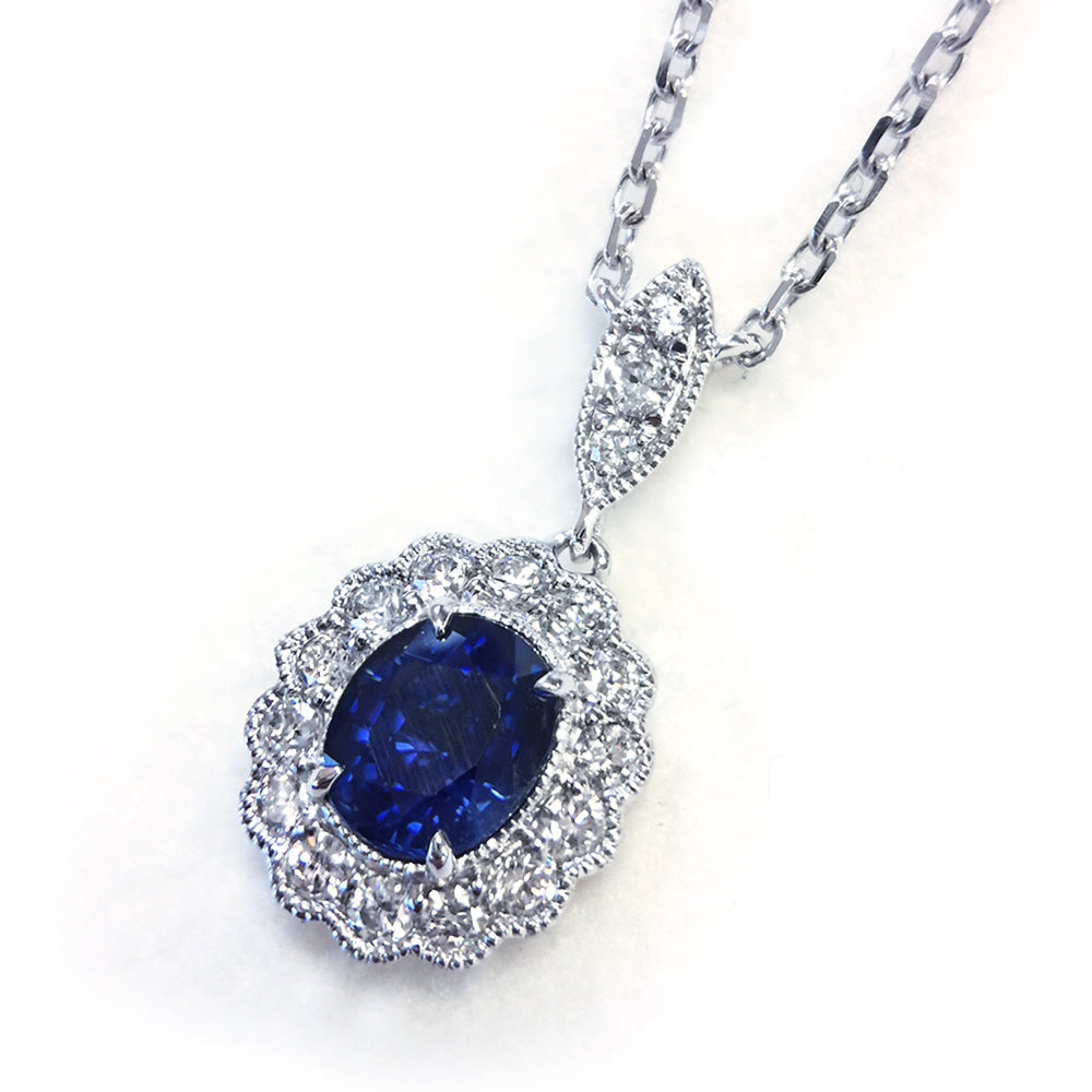 18KW Parade Oval Sapphire and Diamond Scalloped Milgrain Pendant