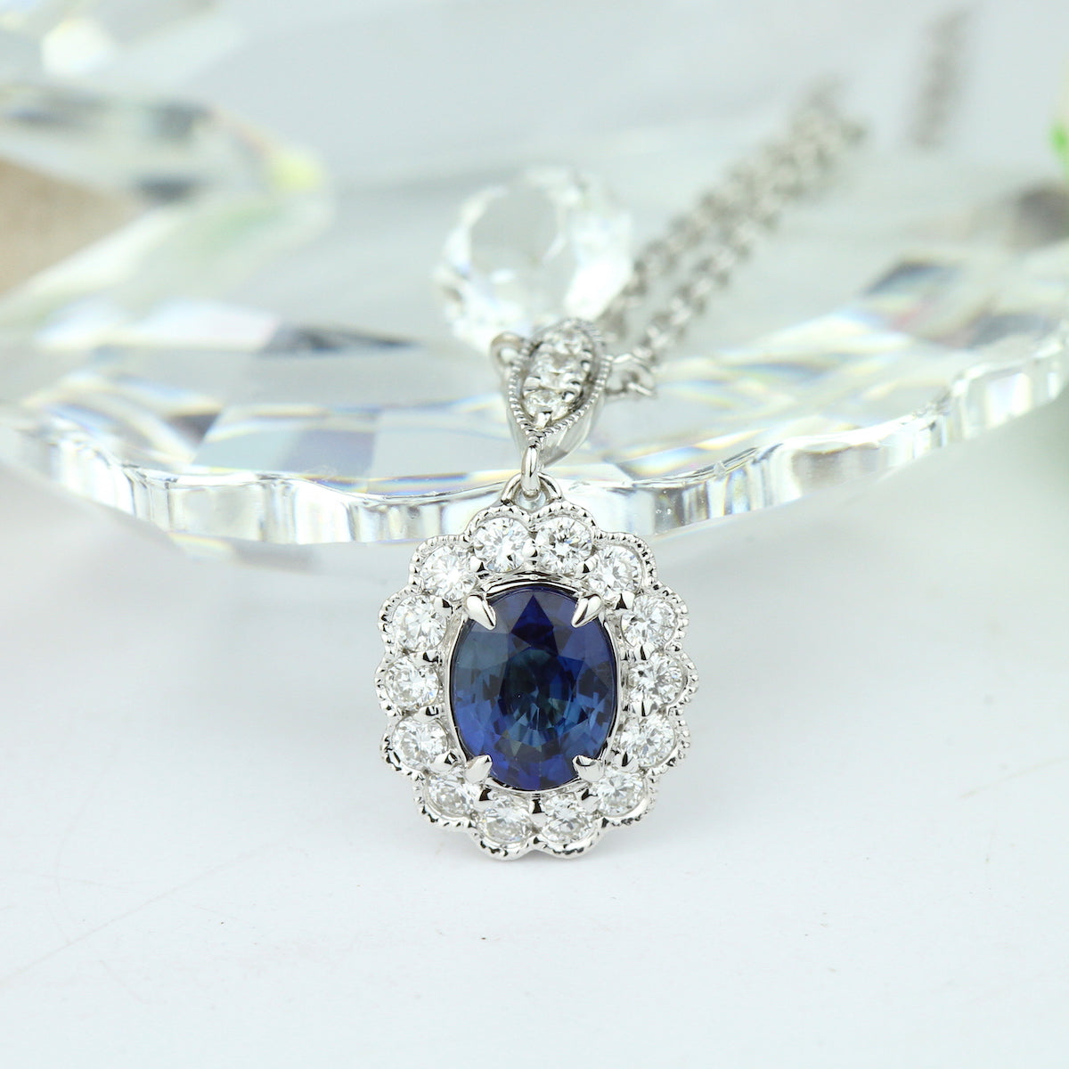 18KW Parade Oval Sapphire and Diamond Scalloped Milgrain Pendant