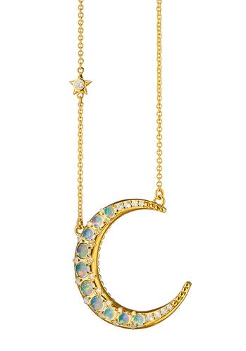 18KY Sun, Moon And Stars Water Opal Crescent Moon Necklace