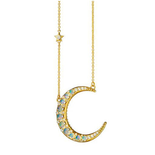 18KY Sun, Moon And Stars Water Opal Crescent Moon Necklace