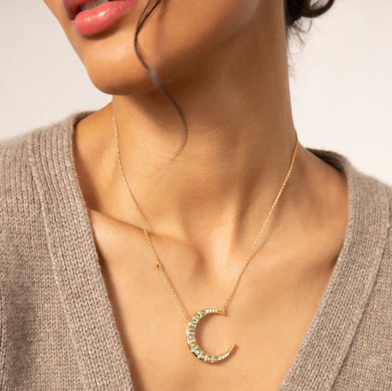 18KY Sun, Moon And Stars Water Opal Crescent Moon Necklace