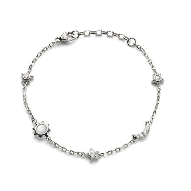 SS Sun, Moon And Stars Moonstone And White Sapphire Chain Bracelet