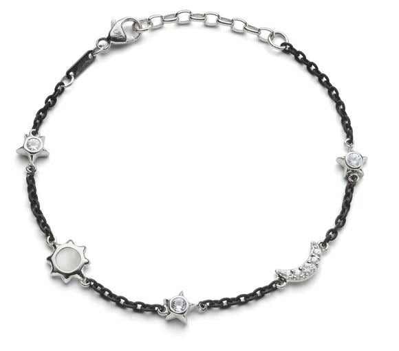 SS Sun, Moon And Stars Moonstone And White Sapphire Steel Chain Bracelet