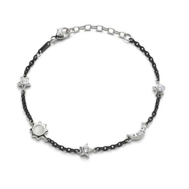 SS Sun, Moon And Stars Moonstone And White Sapphire Steel Chain Bracelet
