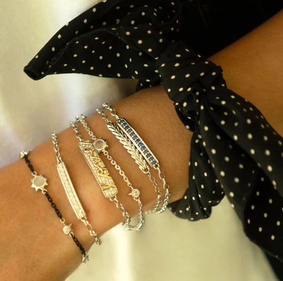 SS Sun, Moon And Stars Moonstone And White Sapphire Steel Chain Bracelet