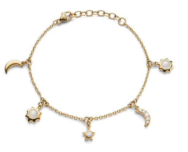 18KY Sun, Moon And Stars Dangling Diamond And Moonstone Chain Bracelet