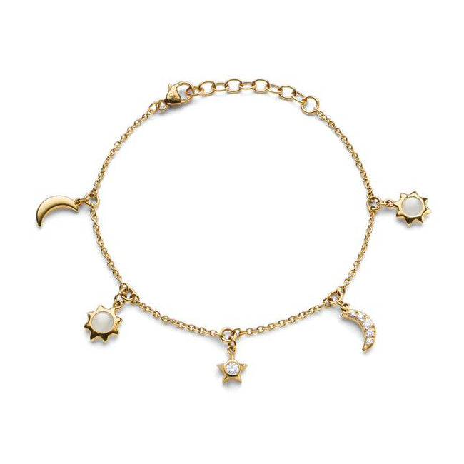 18KY Sun, Moon And Stars Dangling Diamond And Moonstone Chain Bracelet