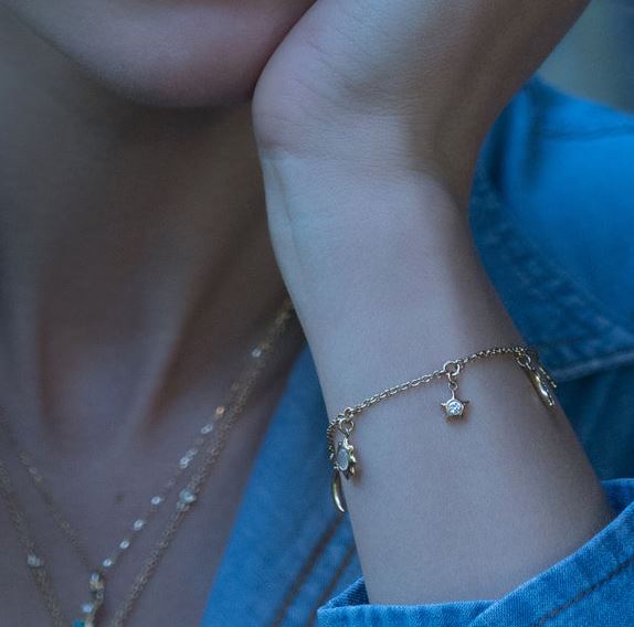 18KY Sun, Moon And Stars Dangling Diamond And Moonstone Chain Bracelet