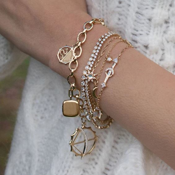 18KY Sun, Moon And Stars Dangling Diamond And Moonstone Chain Bracelet