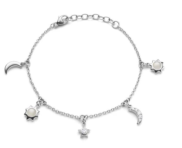 SS Sun, Moon And Stars Dangling Sapphire And Moonstone Bracelet