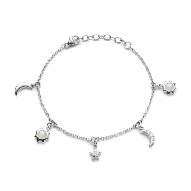 SS Sun, Moon And Stars Dangling Sapphire And Moonstone Bracelet