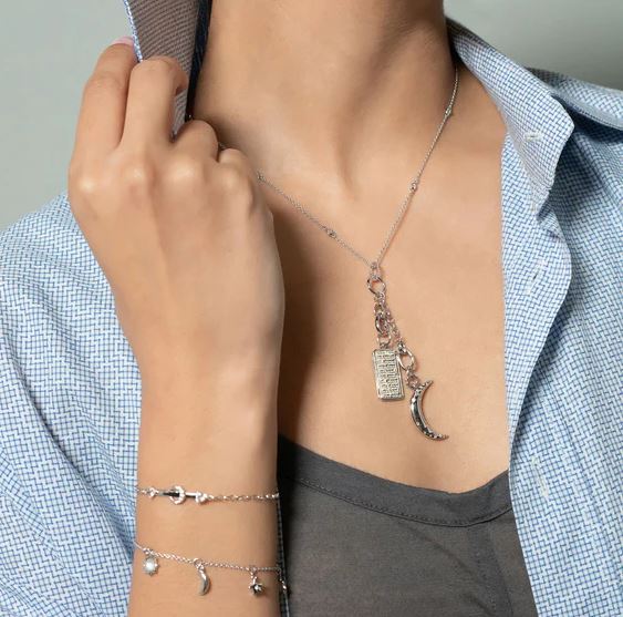 SS Sun, Moon And Stars Dangling Sapphire And Moonstone Bracelet