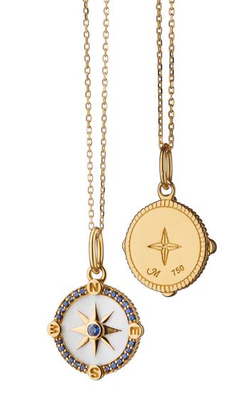18KY Mini "Adventure" CompaSS Charm With White Enamel With Blue Sapphires
