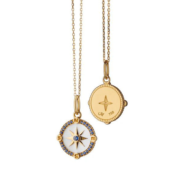 18KY Mini "Adventure" CompaSS Charm With White Enamel With Blue Sapphires