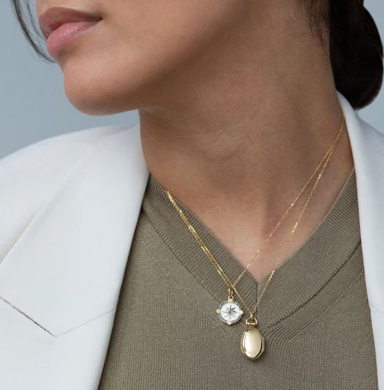 18KY Mini "Adventure" CompaSS Charm With White Enamel With Blue Sapphires