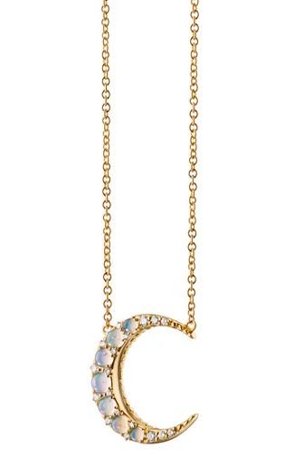 18KY Water Opal Midi Crescent Moon Necklace With Diamonds