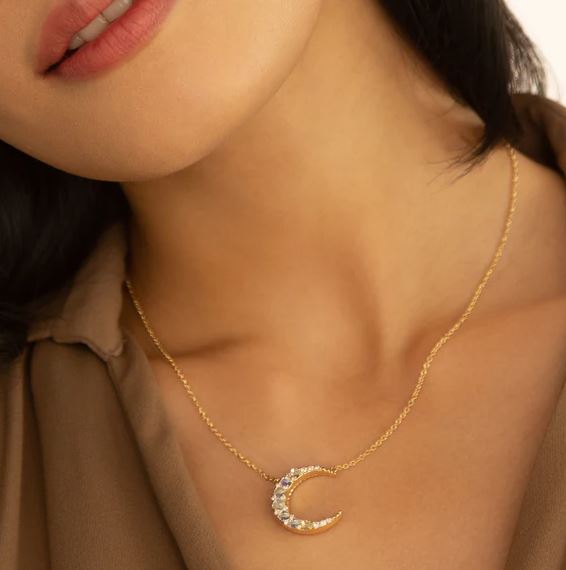 18KY Water Opal Midi Crescent Moon Necklace With Diamonds
