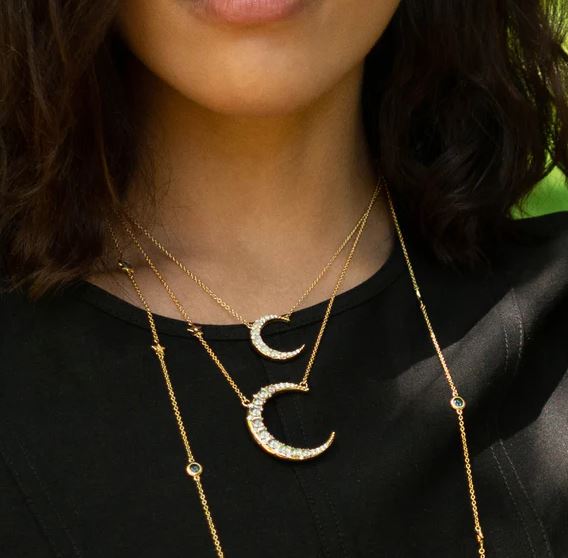 18KY Water Opal Midi Crescent Moon Necklace With Diamonds