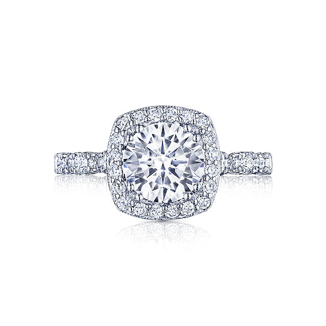 18KW Petite Crescent Round With Cushion Bloom Engagement Ring