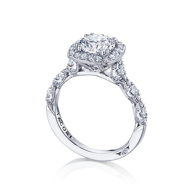 18KW Petite Crescent Round With Cushion Bloom Engagement Ring