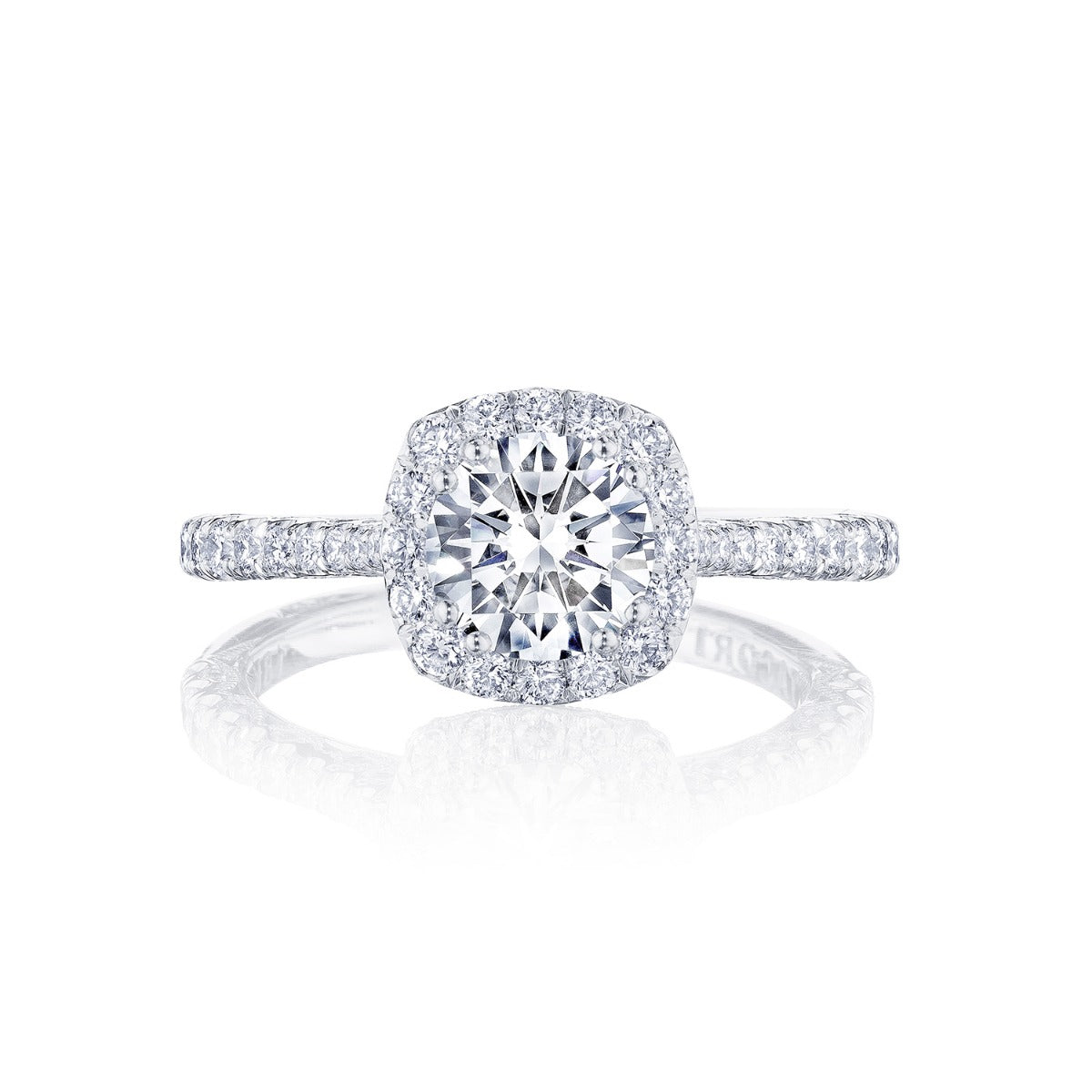 18KW Petite Crescent Round With Cushion Bloom Engagement Ring