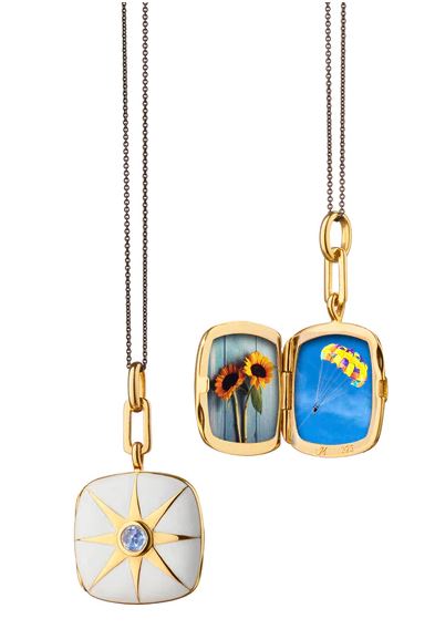 White Enamel Vermeil Cushion Locket With Blue Sapphire