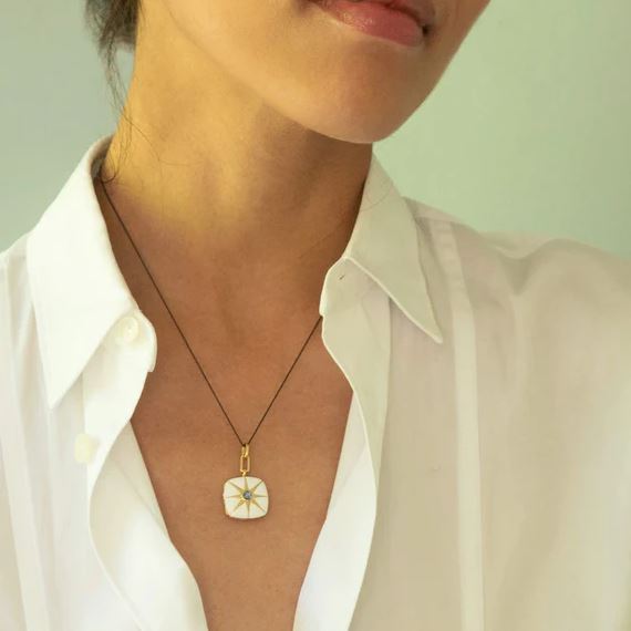 White Enamel Vermeil Cushion Locket With Blue Sapphire