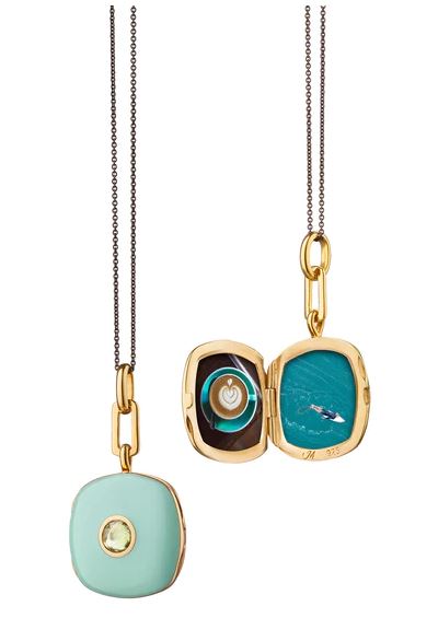 Green Enamel Vermeil Cushion Locket With Green Sapphire