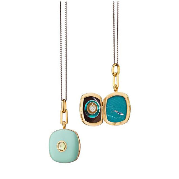 Green Enamel Vermeil Cushion Locket With Green Sapphire