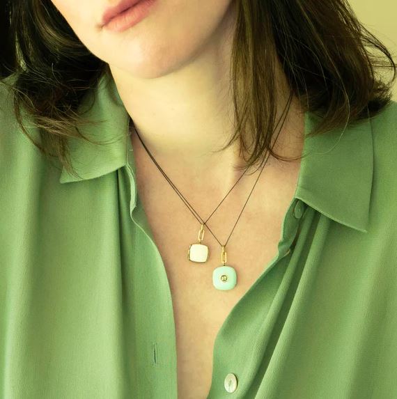 Green Enamel Vermeil Cushion Locket With Green Sapphire