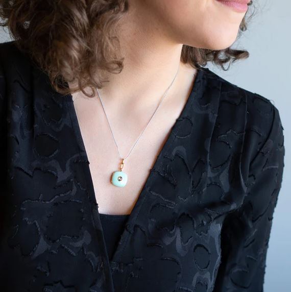 Green Enamel Vermeil Cushion Locket With Green Sapphire