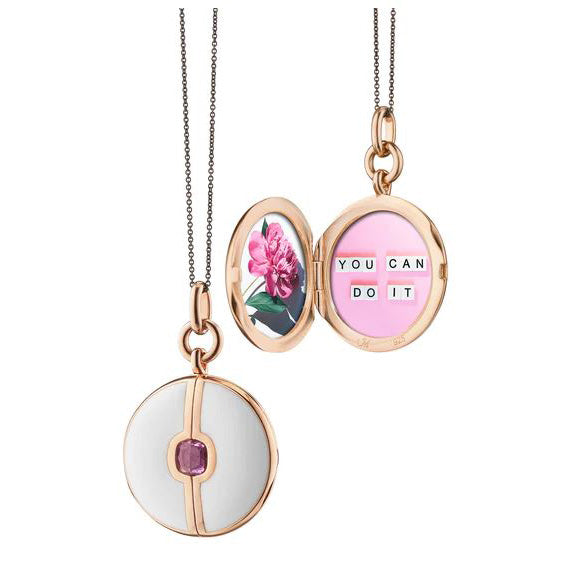 White Enamel And Vermeil Round Locket With Pink Sapphire