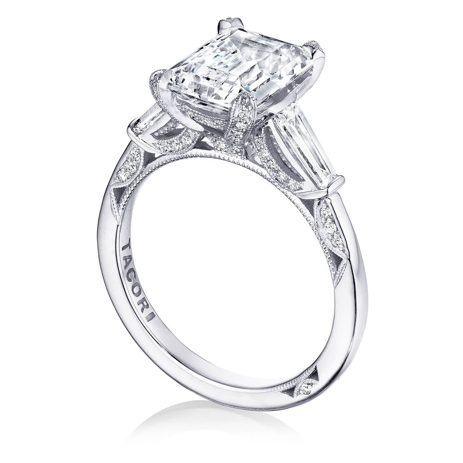 Platinum Tacori Simply Royal 3ct Emerald Cut Three Stone Engagement Ring