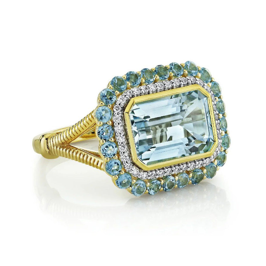18K Yellow Sky-Blue Topaz And Diamond Ring