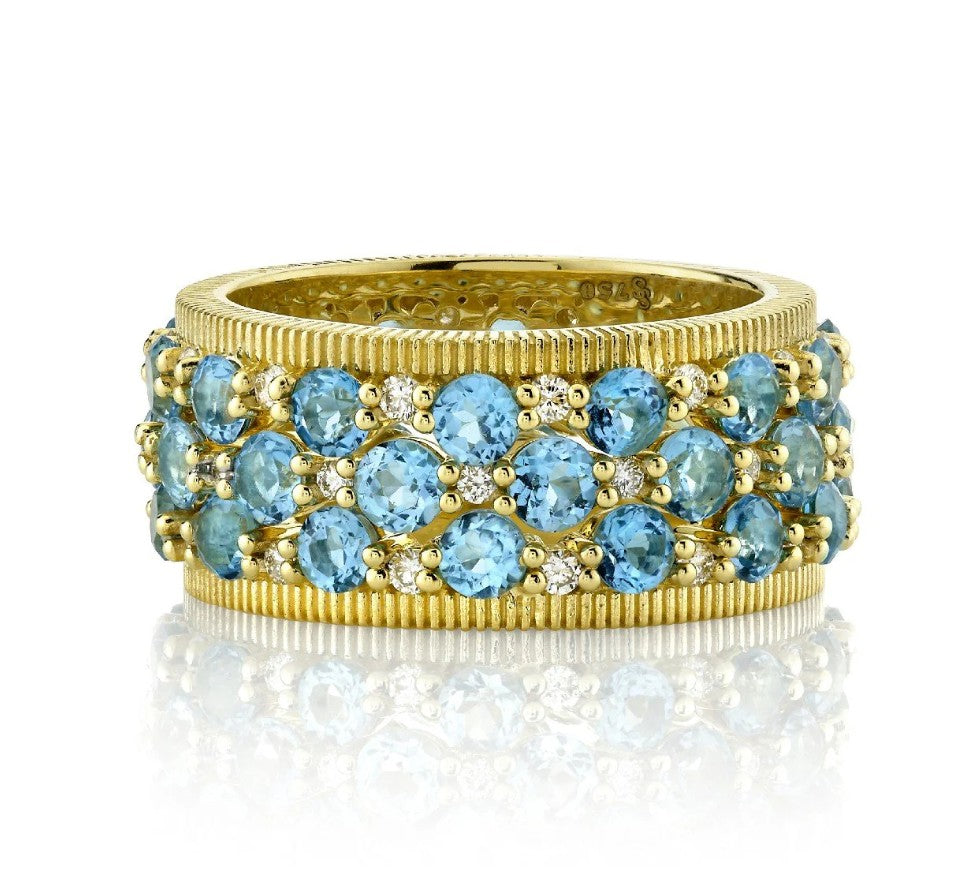 18KY Swiss Blue Topaz Diamond With Strie Detail Guard Bands