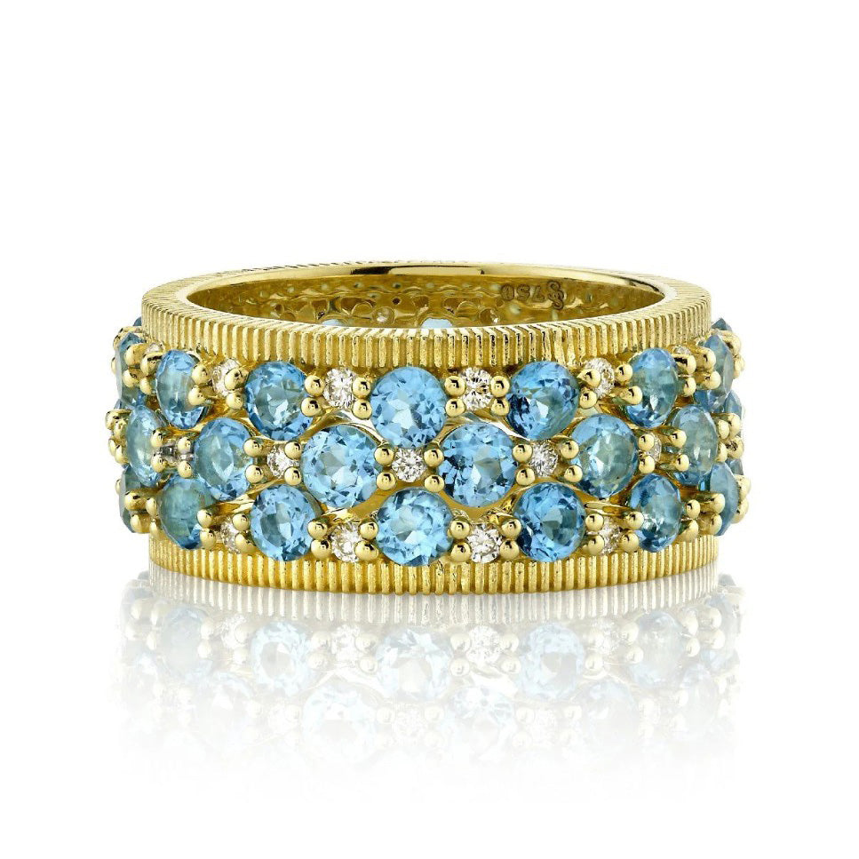 18KY Swiss Blue Topaz Diamond With Strie Detail Guard Bands