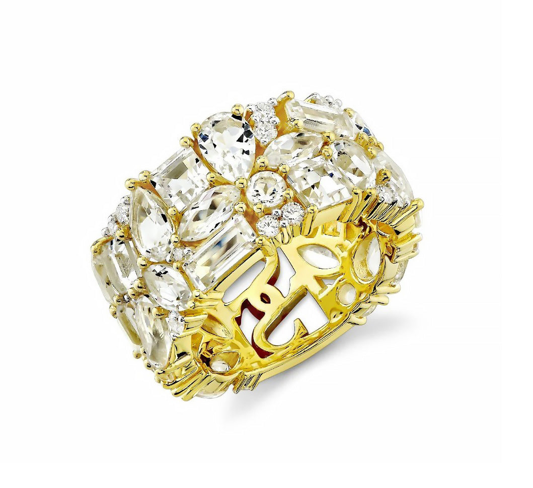 18KY Mix Shapes White Topaz And Diamond Band