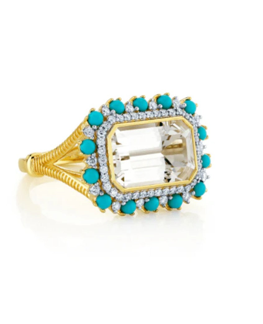 18KY White Topaz, Turquoise And Diamond Ring