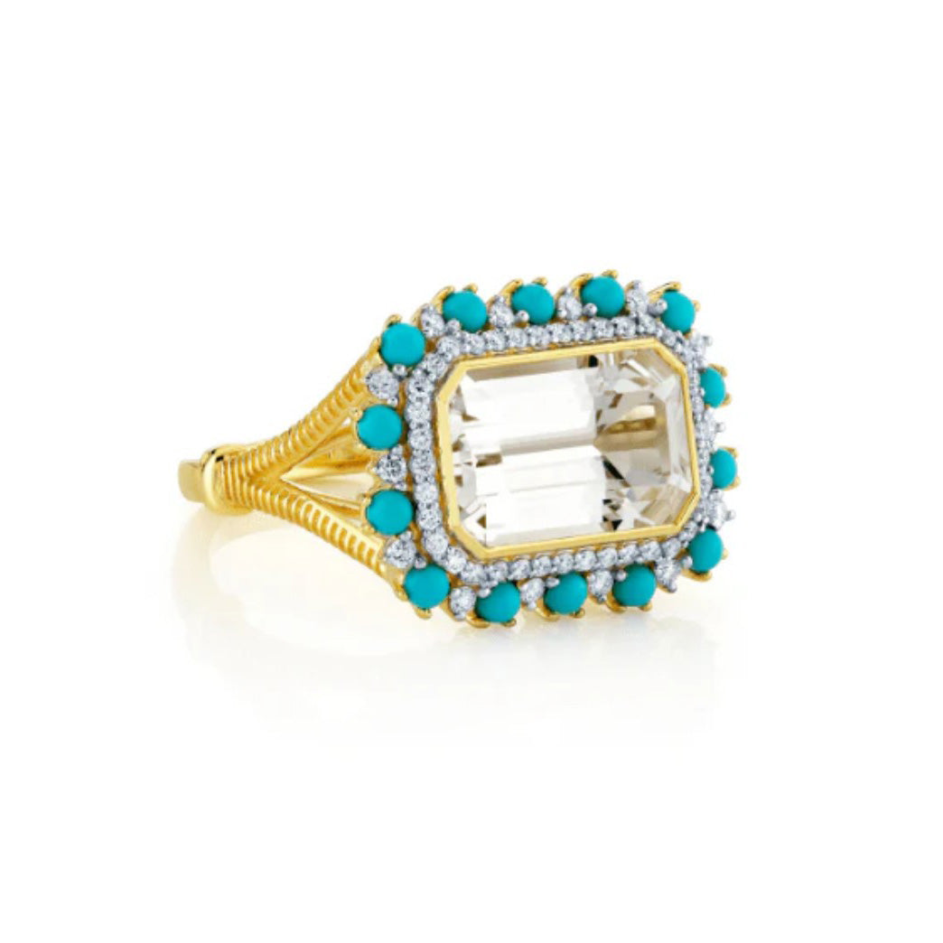18KY White Topaz, Turquoise And Diamond Ring
