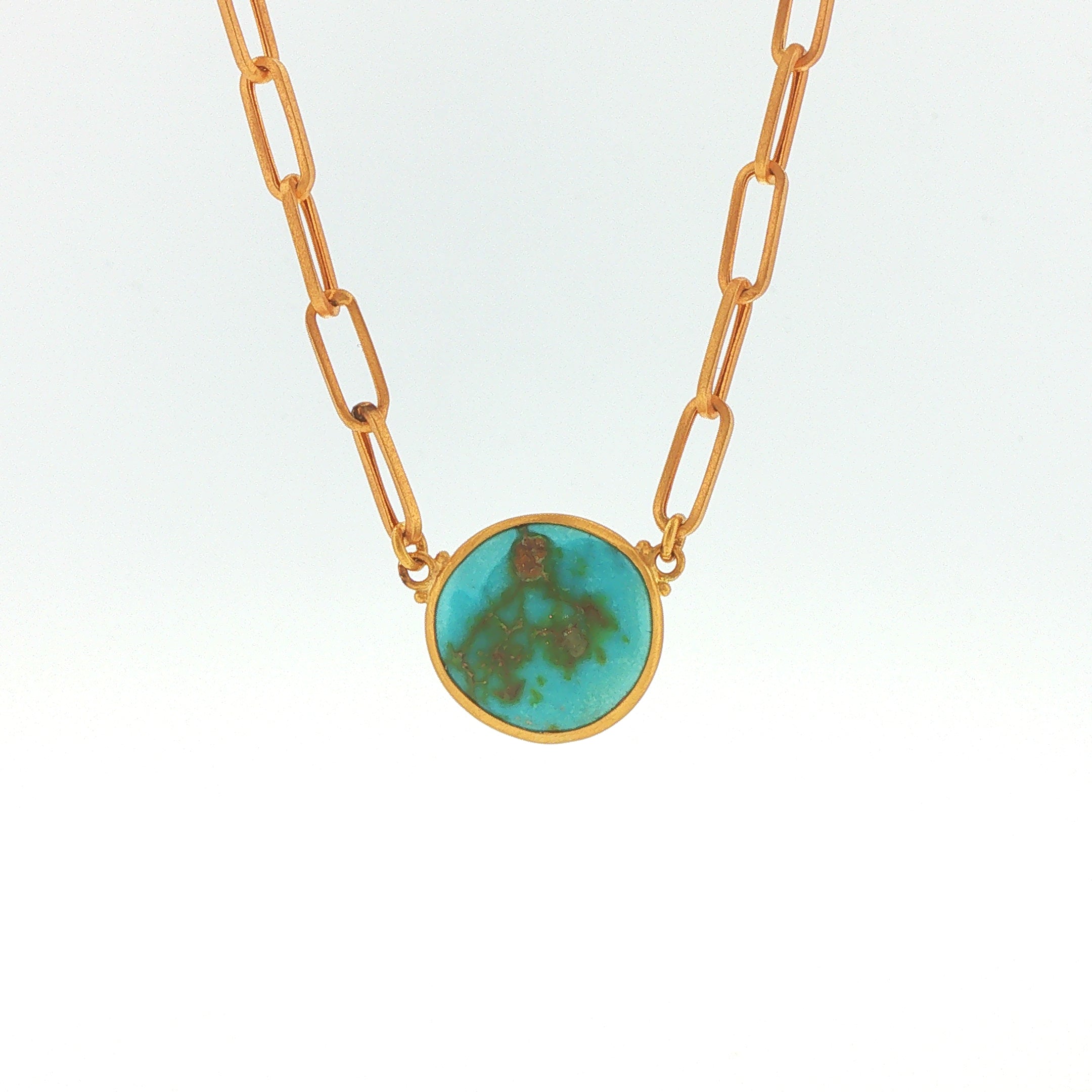 24KY/18KY Lika Behar Sonoran Turquoise Round Cabochon Pendant Necklace