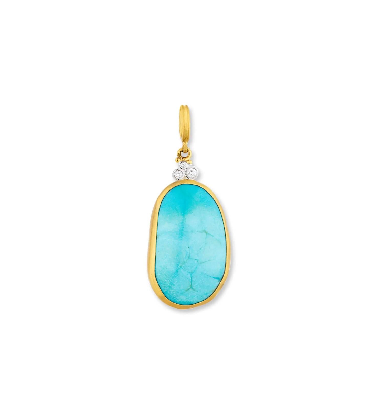 24KY/SS Lika Behar Lagoon Kingman Turqouise and Diamond Pendant