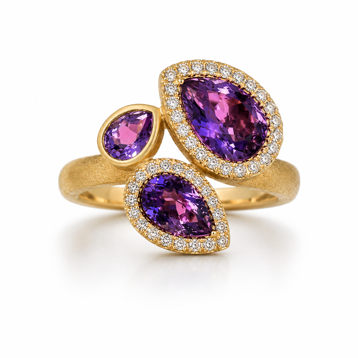 14KY Amethyst Tri-Stone Bypass Ring with Diamond Accent