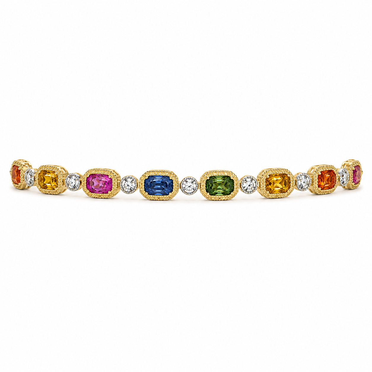 14KY/W Rainbow Multi- Color Sapphire and Diamond Tennis Bracelet