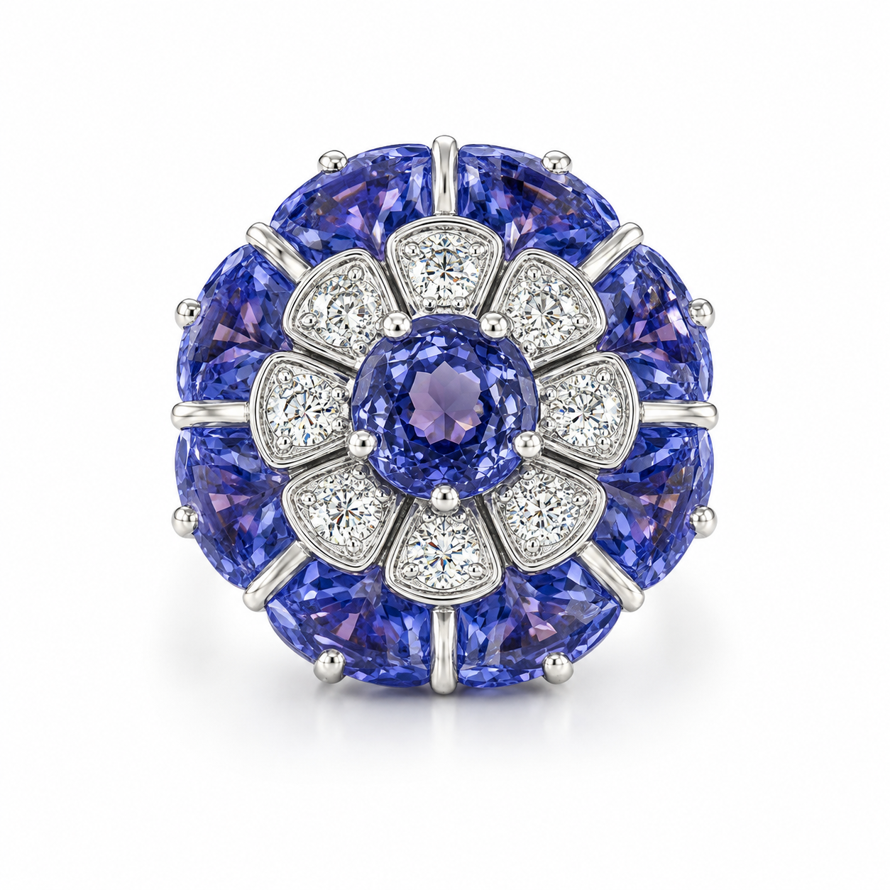 Platinum Estate Sapphire and Diamond Flower Inspired Cocktail Ring