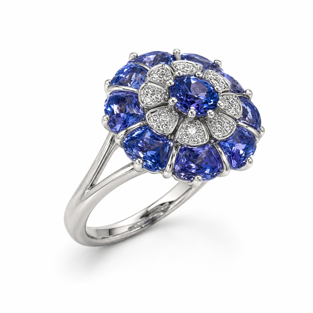 Platinum Estate Sapphire and Diamond Flower Inspired Cocktail Ring