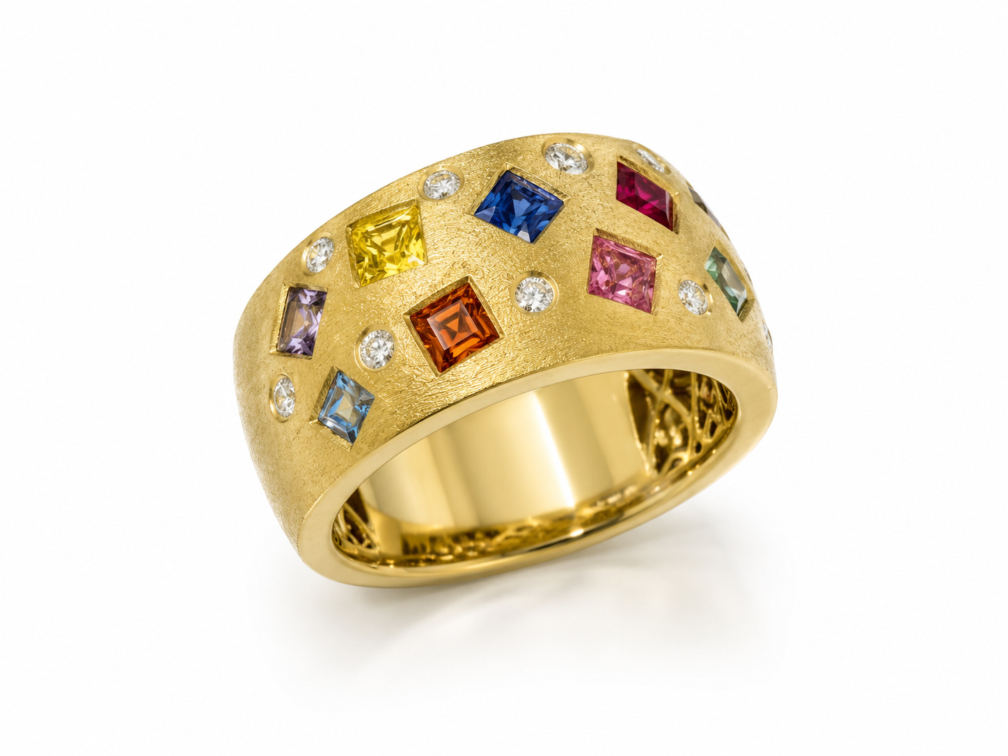 14KY Rainbow Diamond and Sapphire Cigar Band