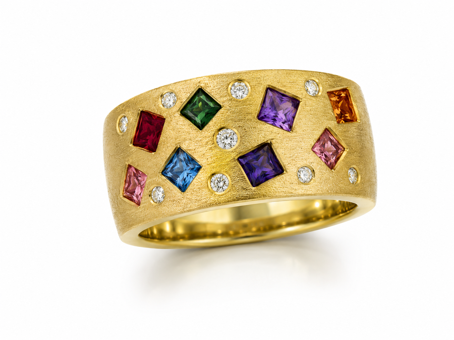 14KY Rainbow Diamond and Sapphire Cigar Band